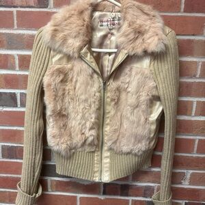 Vintage Faux Fur Tan Leather Knit Jacket